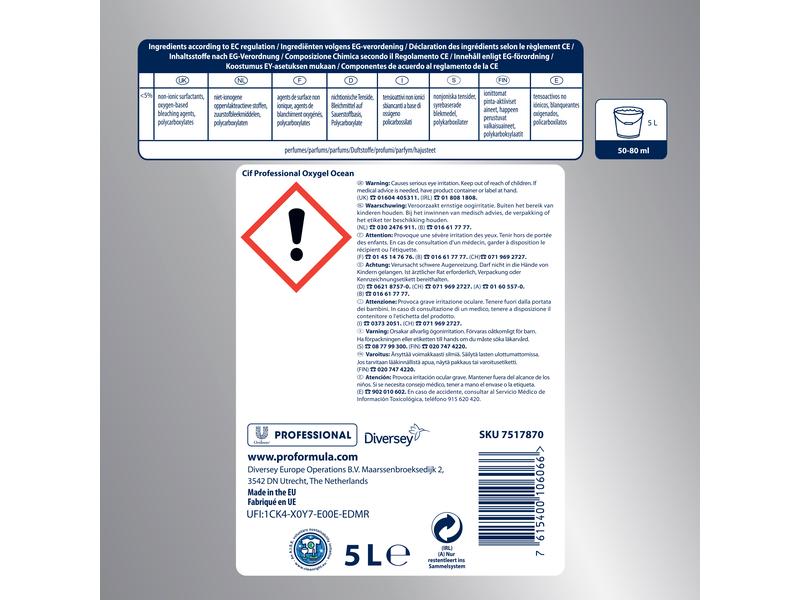 Diversey Pro Formula Allzweckreiniger Cif Professional Oxy Flüssigreiniger für Böden, Wände, Fliesen, Laminat, Kunststoff und andere wasserfeste harte Oberflächen