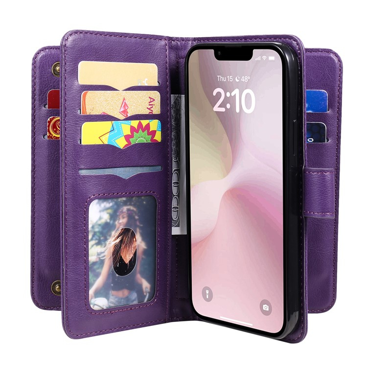 iPhone 16e Leder Tasche Flip Cover Kartenfächer mit Druckknopfverschluss - Lila