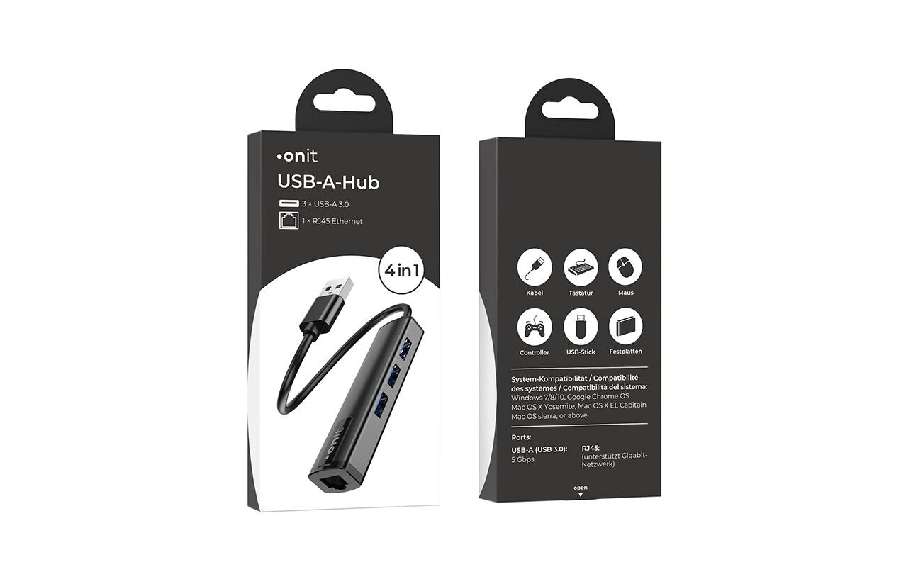 USB-A-Hub 3A1RJ45Leichter und kompakter Hub mit 3 USB-A-Ports und 1 RJ45-Port