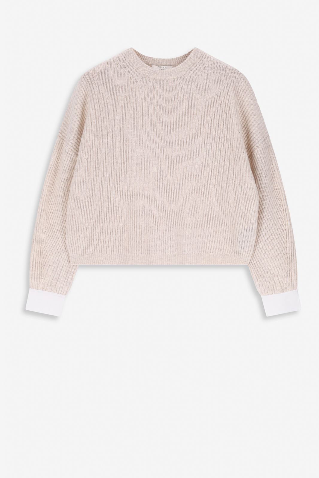 Beige gebreide trui met geweven boorden