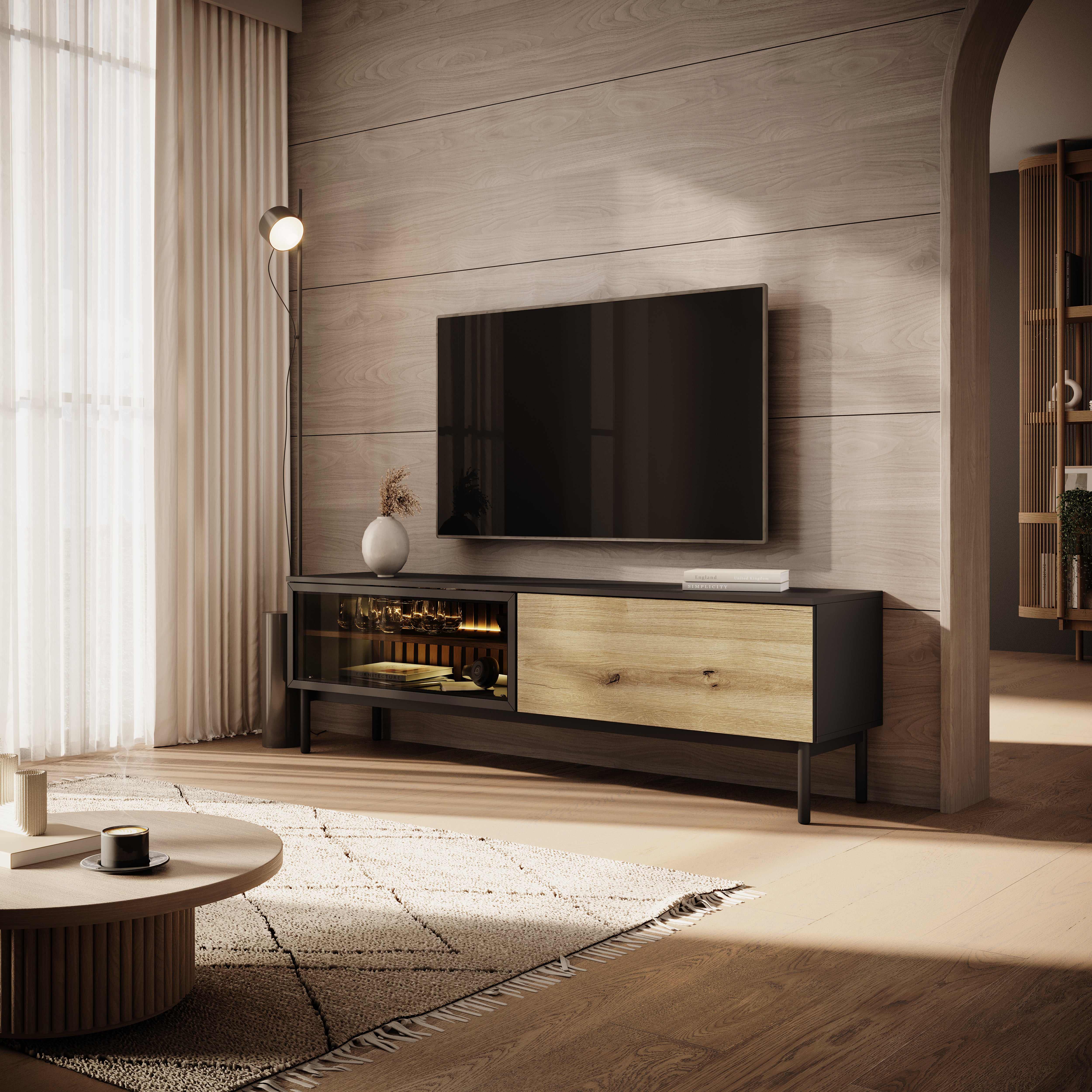 Ludwig - TV-Meubel met verlichting - Zwart/eiken - 180 cm
