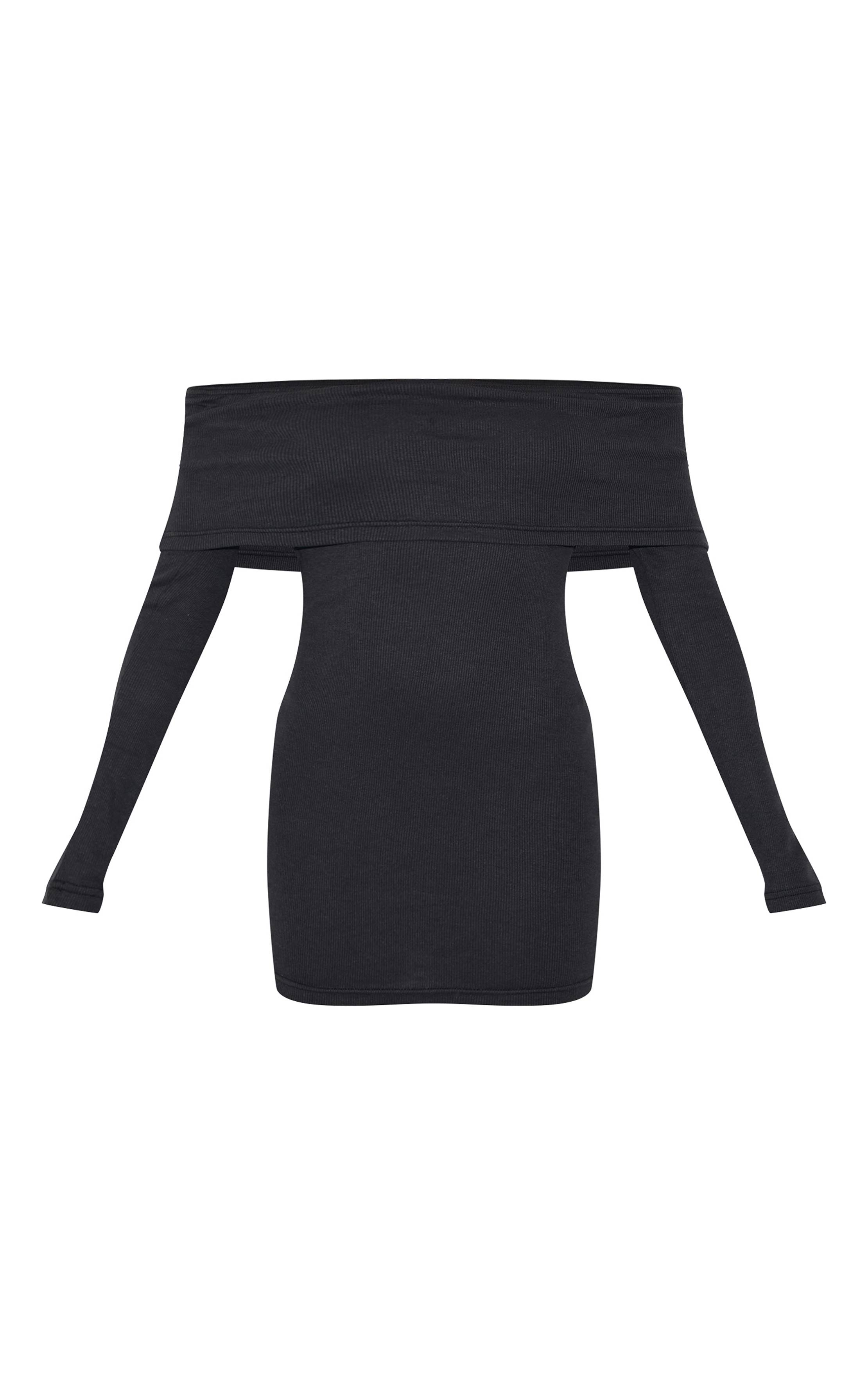 Noir Robe Moulante Côtelée À Épaules Dénudées Bardot Et Manches Longues