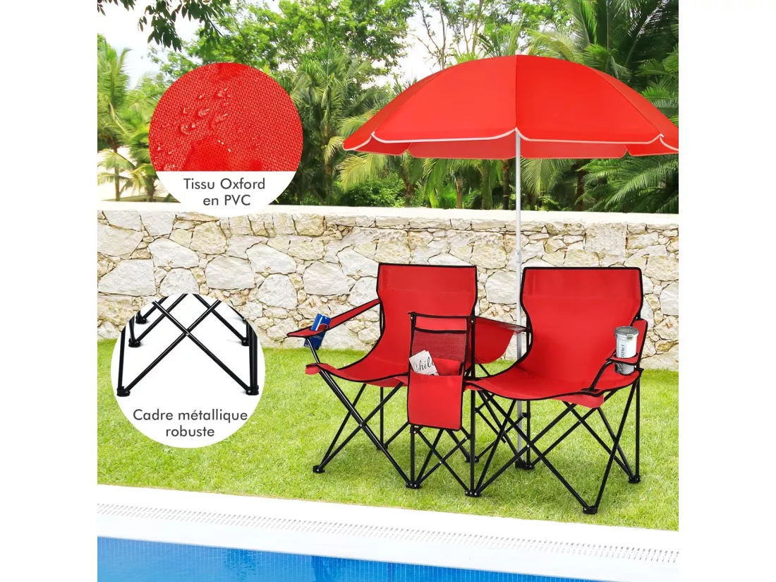 Chaise de CamBoisg Pliante, Chaise d'extérieur Portable avec Glacière et Parasol, Chaise de Plage à 2 Places avec Porte-gobelet et Sac de Transport, Charge120 KG, pour Randonnée, Pêche(Rouge)