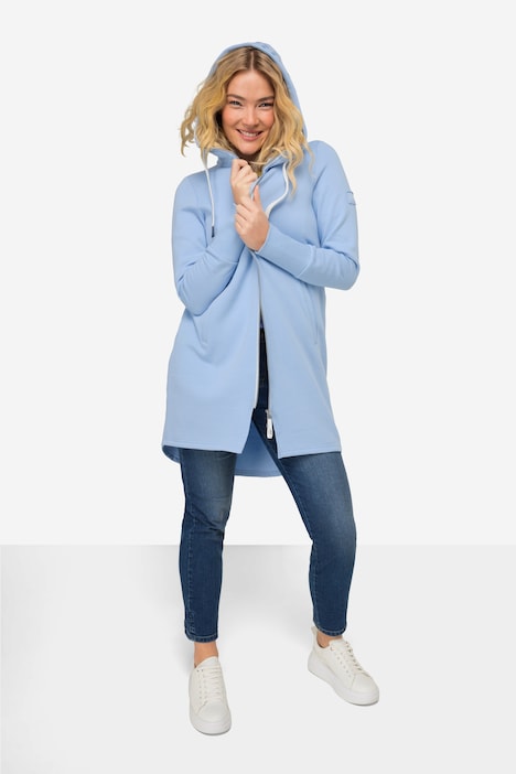 Sweatjacke, lang geschnitten, Kapuze, Taillen-Tunnelzug hinten, Langarm