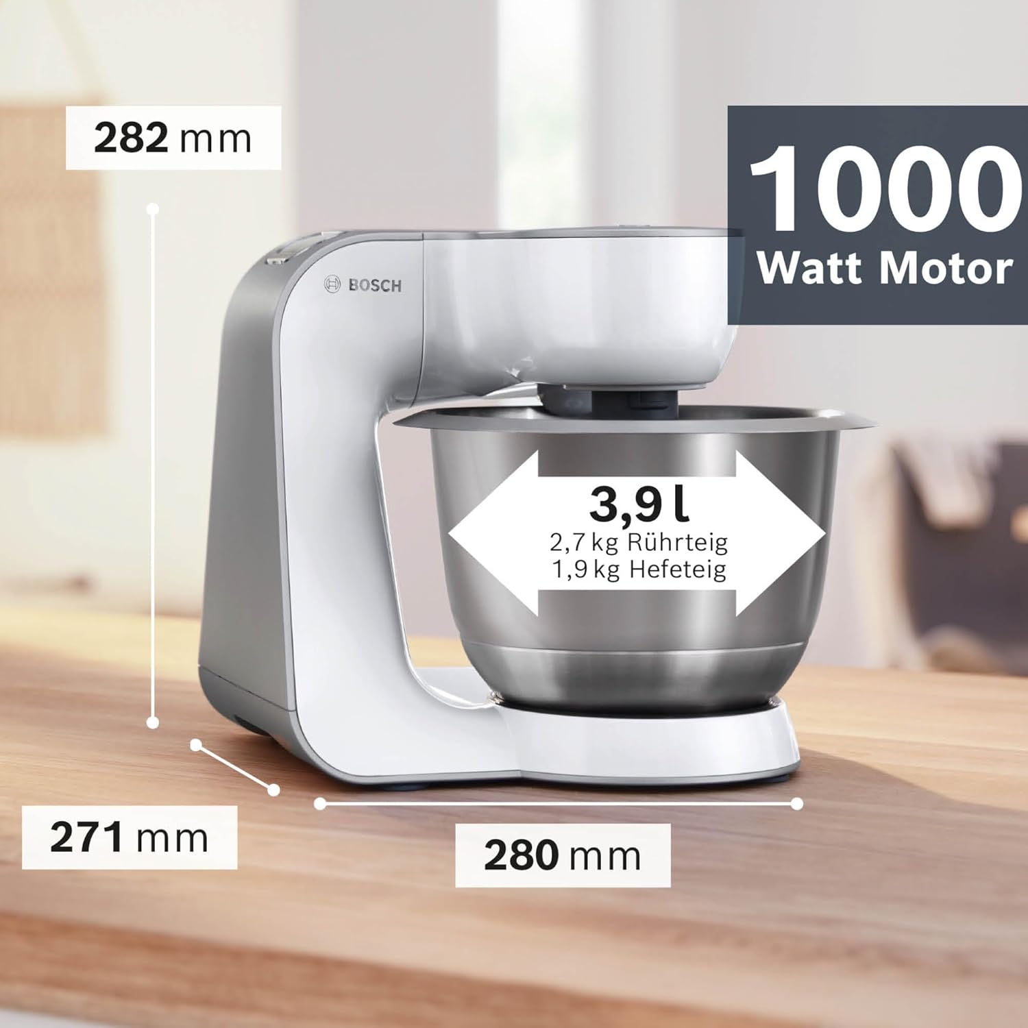 Bosch Küchenmaschine Serie 4, Edelstahl-Schüssel 3,9 L, Patisserie-Set Edelstahl, Knethaken, Schlagbesen, Rührbesen, Durchlaufschnitzler, 3 Scheiben, 1000 W, weiß/silber, MUM58210