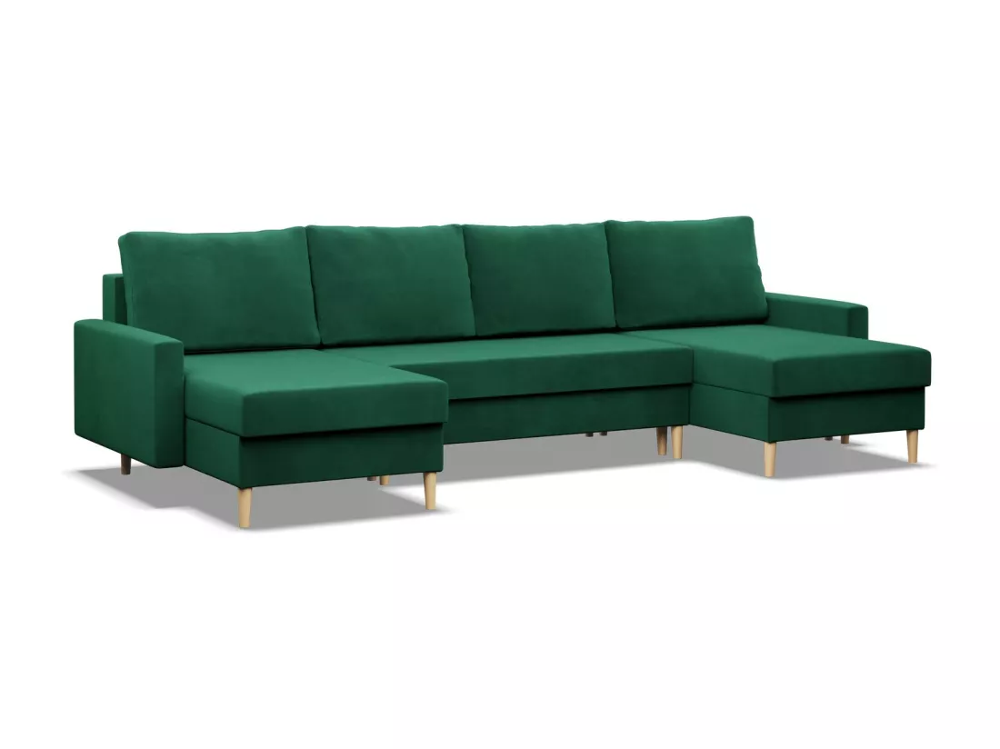 Grand Canapé d'angle en U avec fonction sommeil, Coussin réversible, Bonell, Vert
