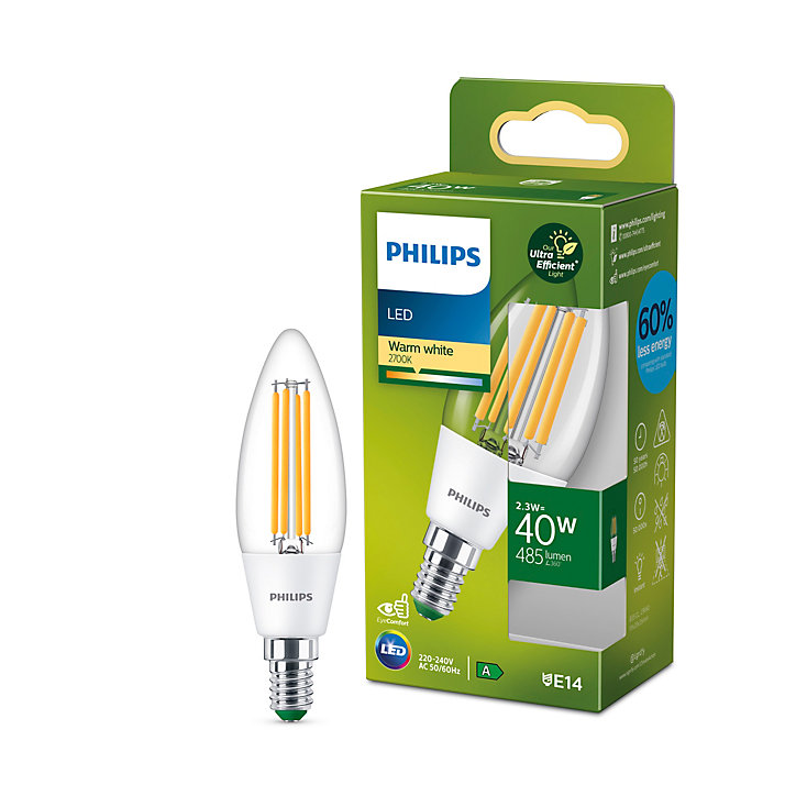 Ampoule LED E14 blanc chaud Philips Ultra Standard 485lm 2,3W=40W