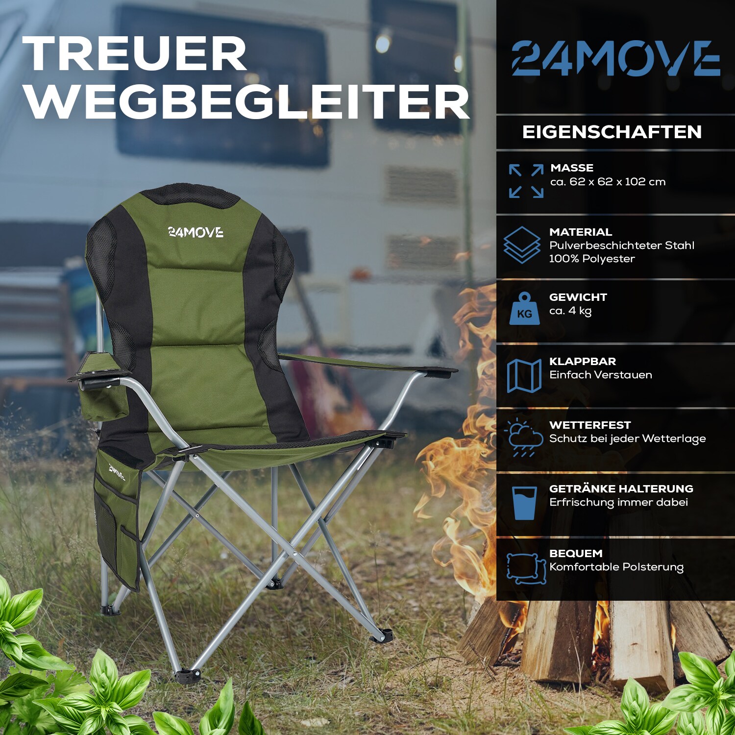 24MOVE® Campingstuhl Salvador faltbar Camping Klappstuhl gepolstert inkl. Tragetasche, bis 150kg belastbar, grün