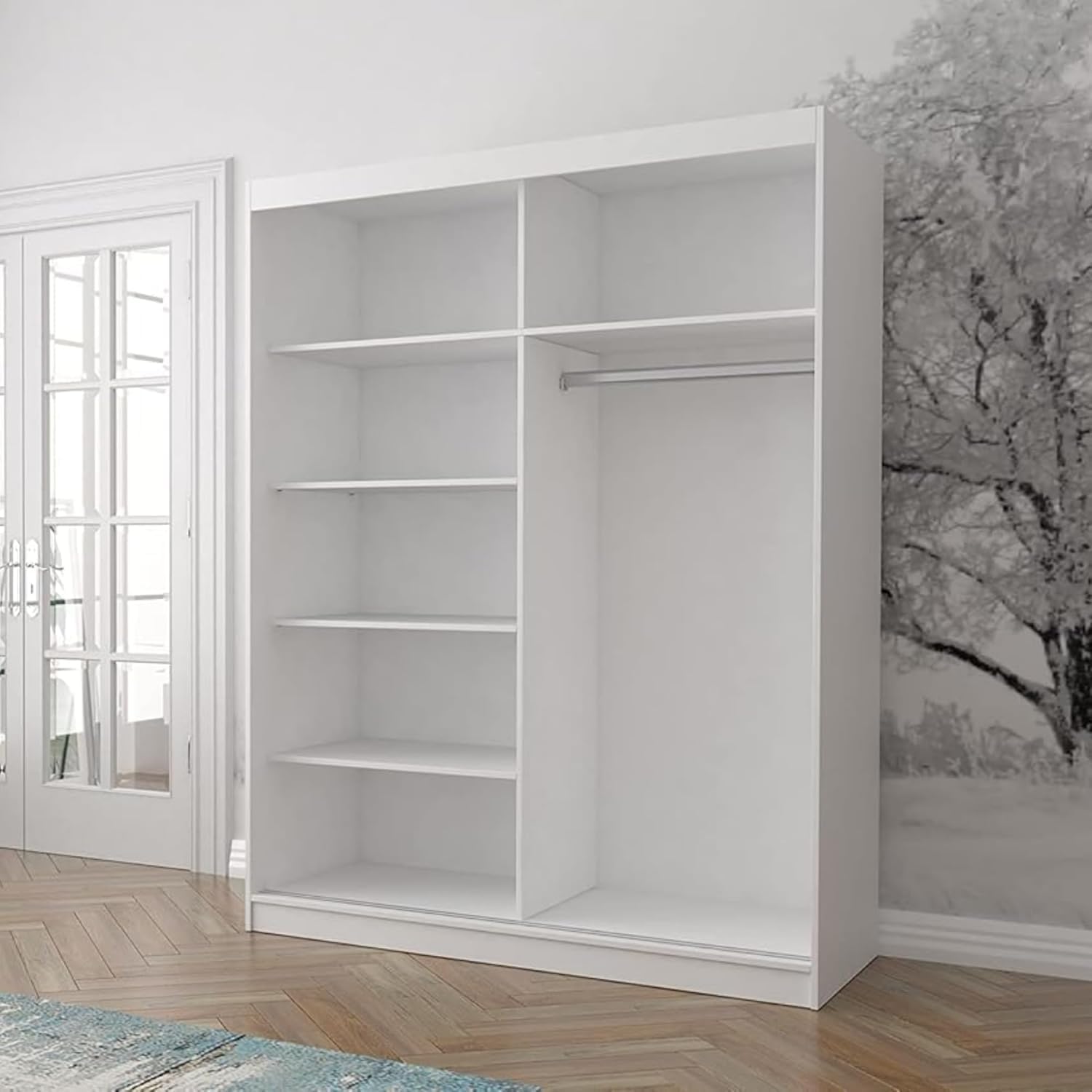 Fabryka Mebli Idźczak Kleiderschrank mit Spiegel, Schiebetüren - Weißer Schwebetürenschrank, Schlafzimmerschrank - ‎61 x 150 x 200 cm - Schrank für Schlafzimmer, Ankleidezimmer, Garderobe