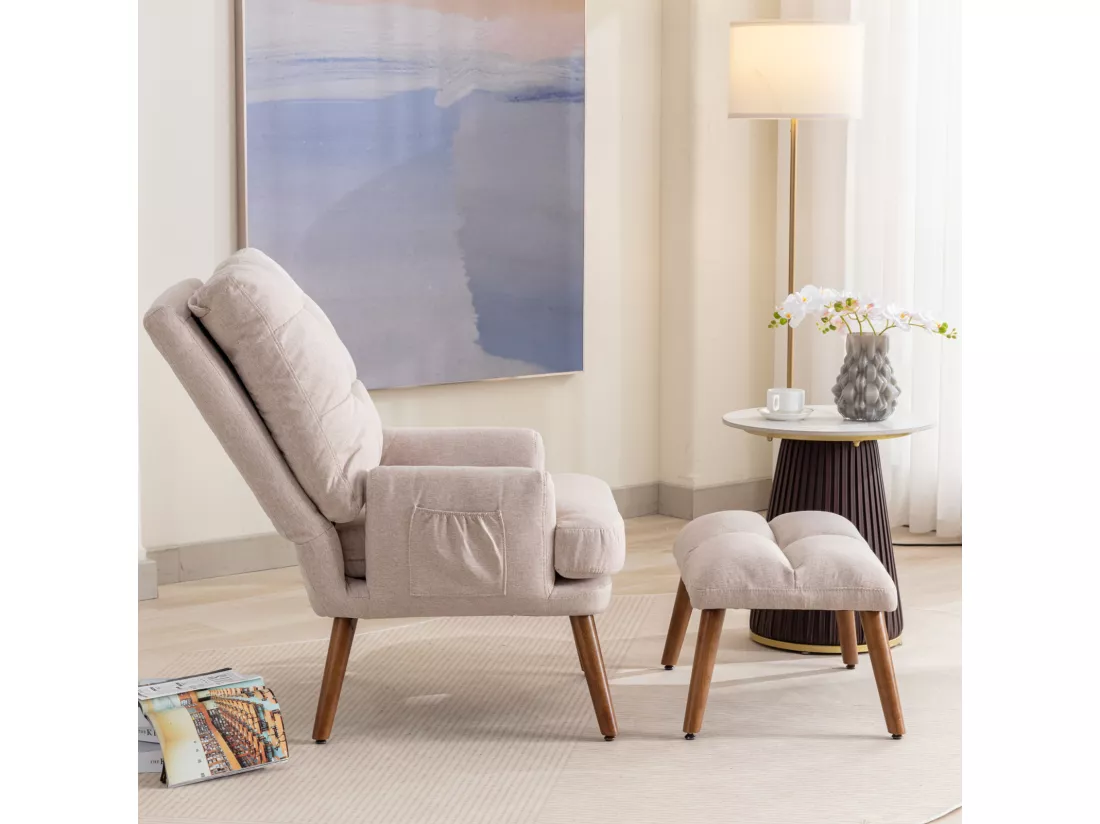 Chaise longue avec repose-pieds, dossier réglable sur 10 niveaux, inclinable, chaise avec étagère latérale-beige