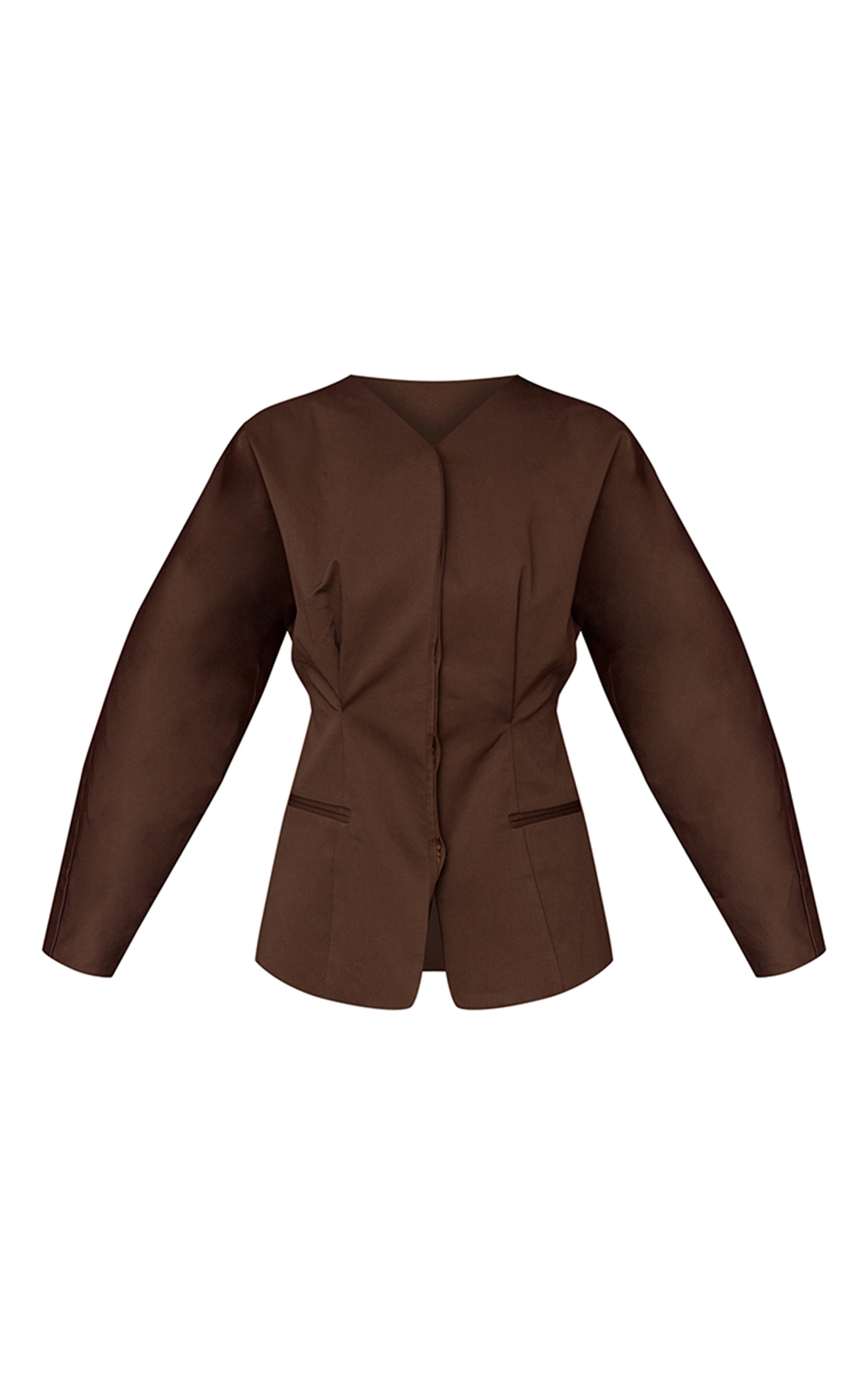Marron Foncé Blazer Ajusté Sans Col En Tissu Tissé Premium Avec Ensemble Coordonné