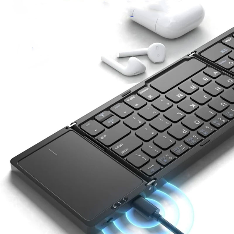 Faltbare Mini Bluetooth Tastatur mit Touchpad für Macbook / Laptop / Tablet / Smartphone inkl. Handy-Halterung (iOS / Android) - Schwarz