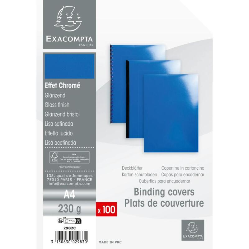 Paquet de 100 couvertures Chromées pour reliure A4 - Bleu