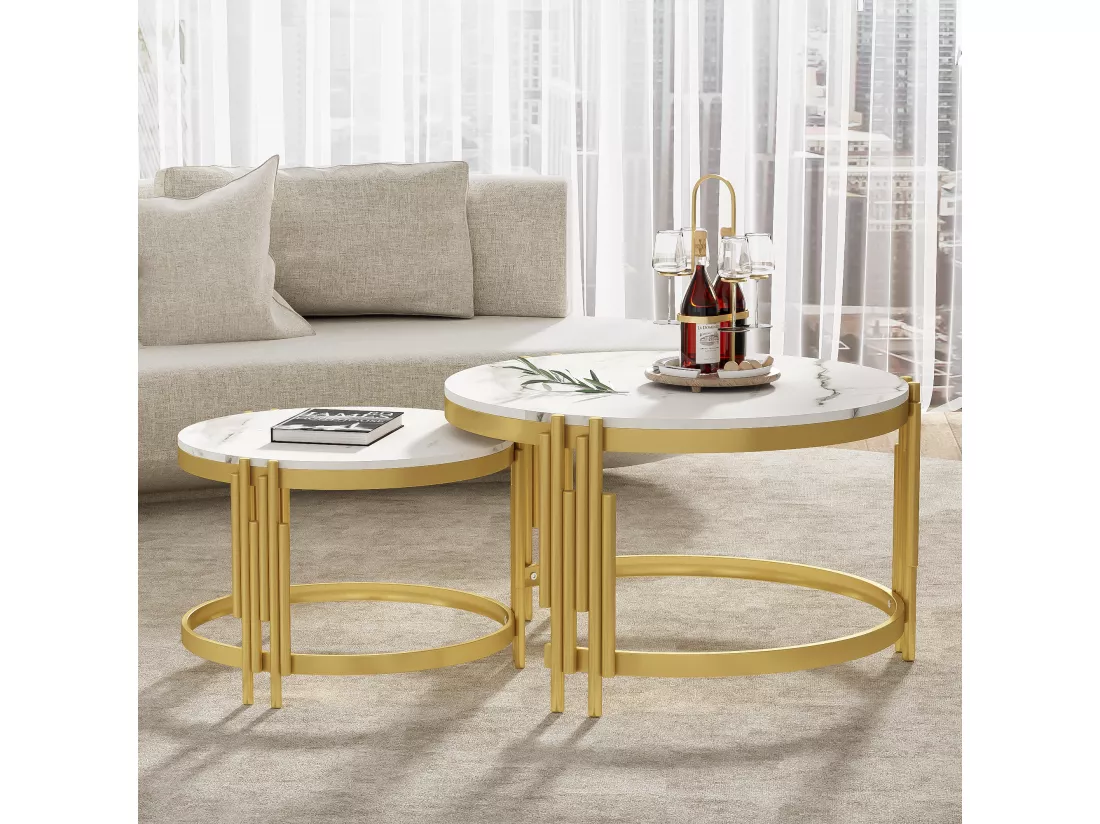 Lot de 2 table basse gigogne, table ronde, aspect marbre, structure en métal doré, D71,5x44+P51,5x37cm Blanc