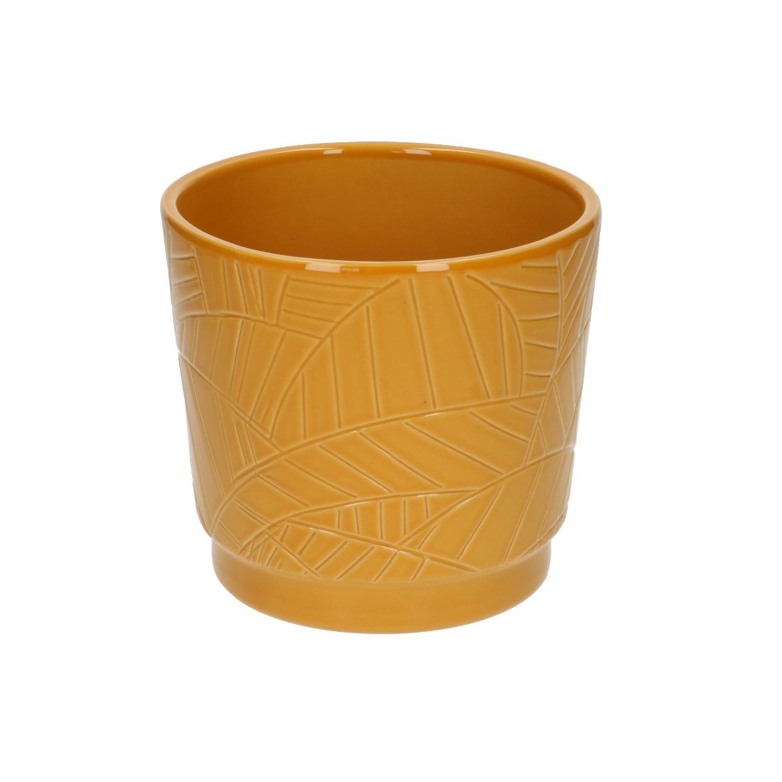 Bloempot, aardewerk, okergeel met palmbladmotief, Ø 14 cm