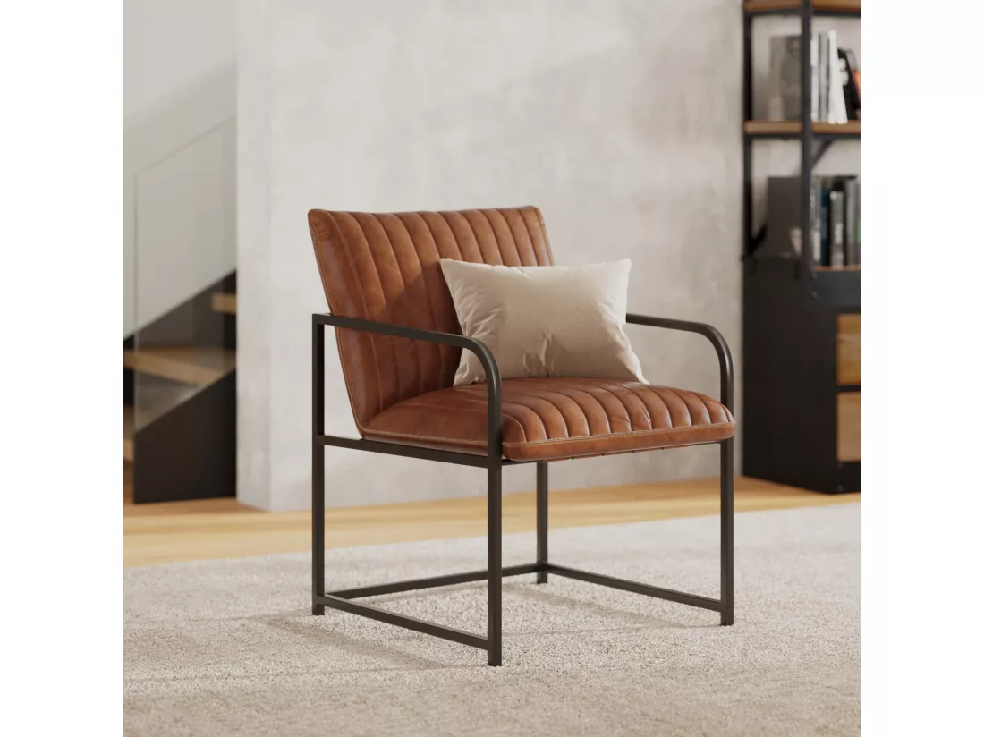 Fauteuil en cuir marron et métal noir - Armand