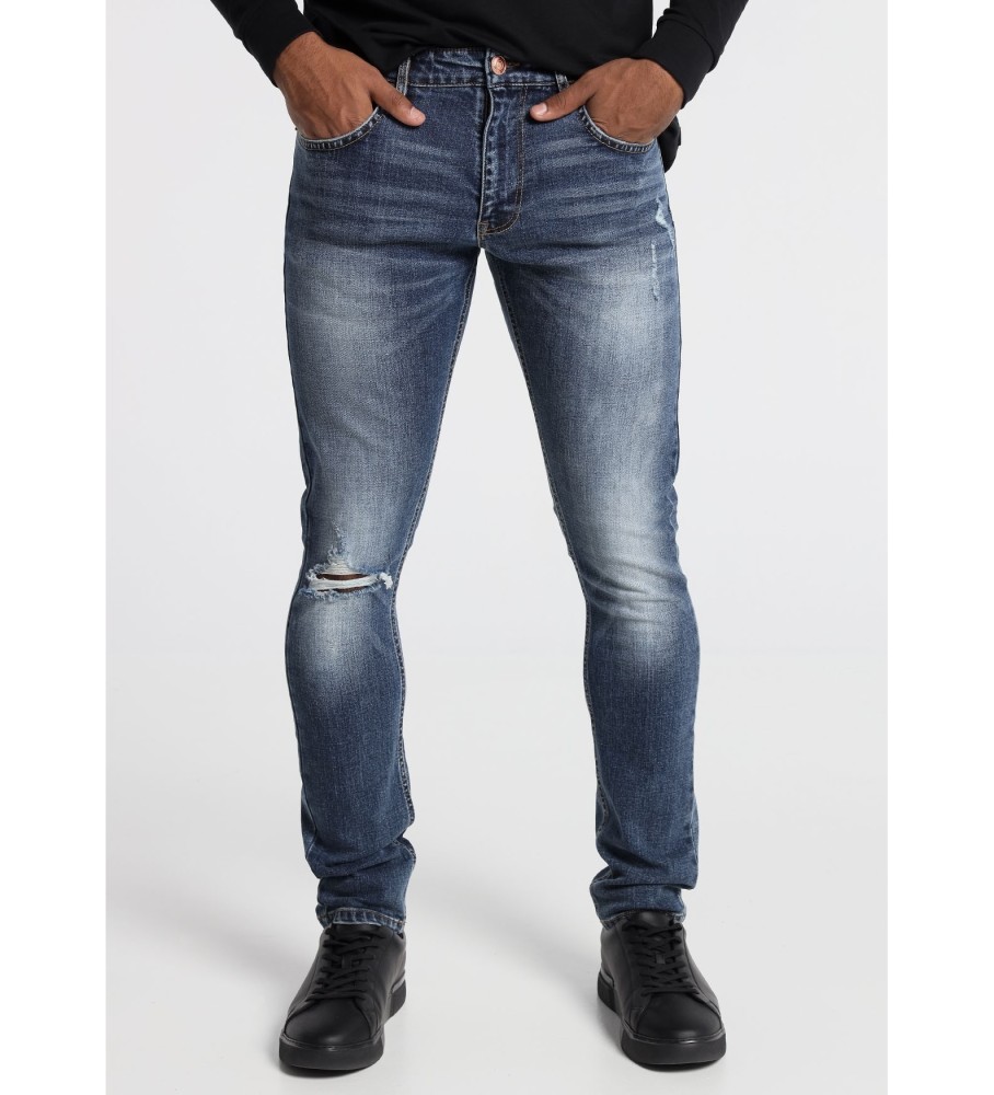 Calça cinza Six Valves azul médio rasgada e slim fit