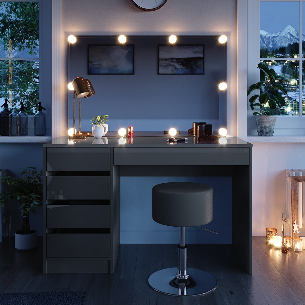 Vicco Schminktisch Frisiertisch Frisierkommode Sherry Grau Schminkspiegel LED Hocker 120x75 cm modern Schlafzimmer Kommode Schublade Ablage Aufbewahrung Kosmetiktisch Make-Up-Tisch Hochglanz