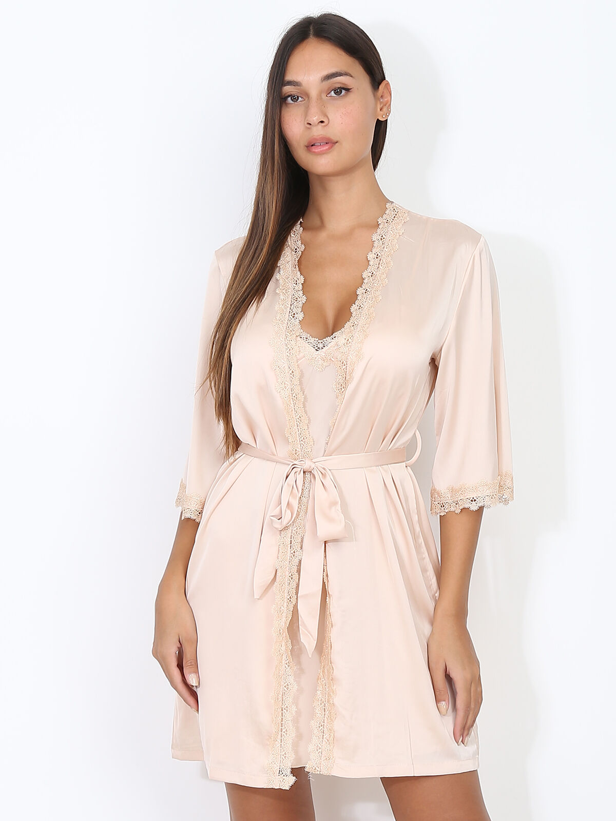 Ensemble nuisette et kimono à dentelle- Doré rose