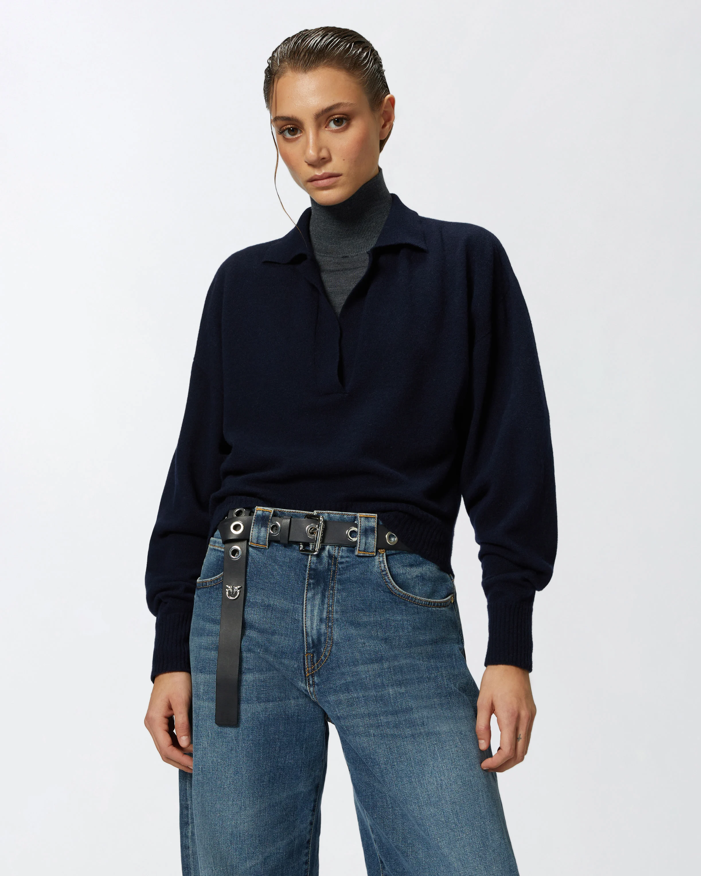 Pull court à col chemise | Bleu
