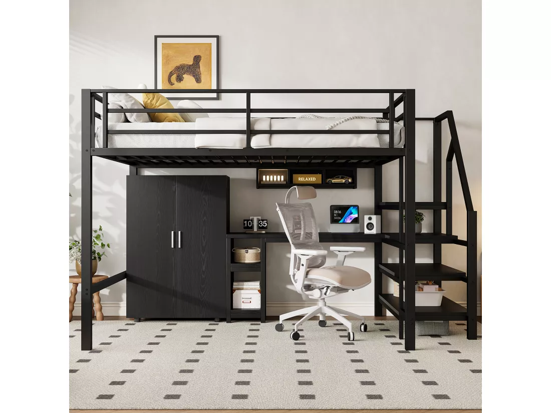 Lit mezzanine 140 x 200 cm avec bureau, armoire et étagères - Métal + MDF - Noir (sans matelas)