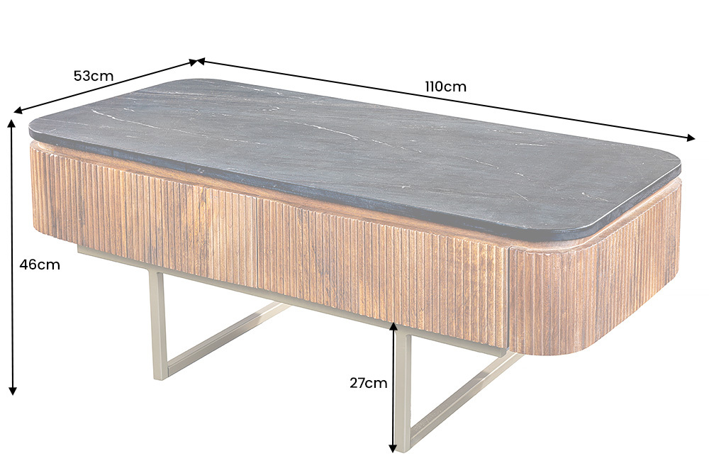 Design Couchtisch GATSBY 110cm Mangoholz massiv Marmor-Platte Retro mit Schubladen gold