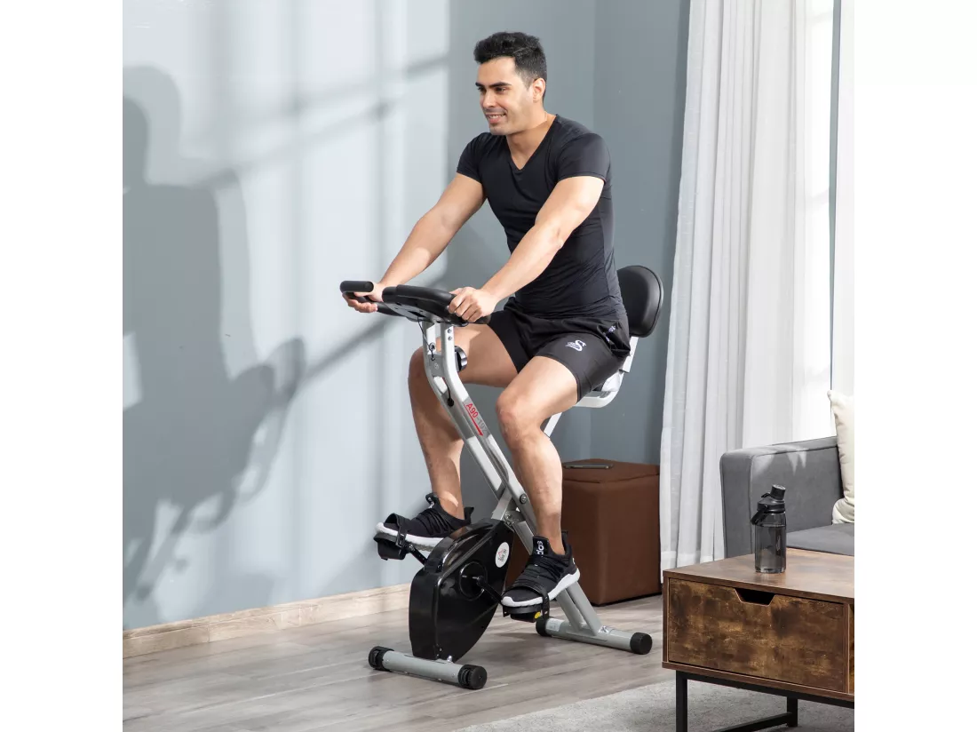 Vélo d'appartement pliable 8 niveaux de résistance magnétique selle réglable dossier écran LCD multifonction capteur fréquence cardiaque gris