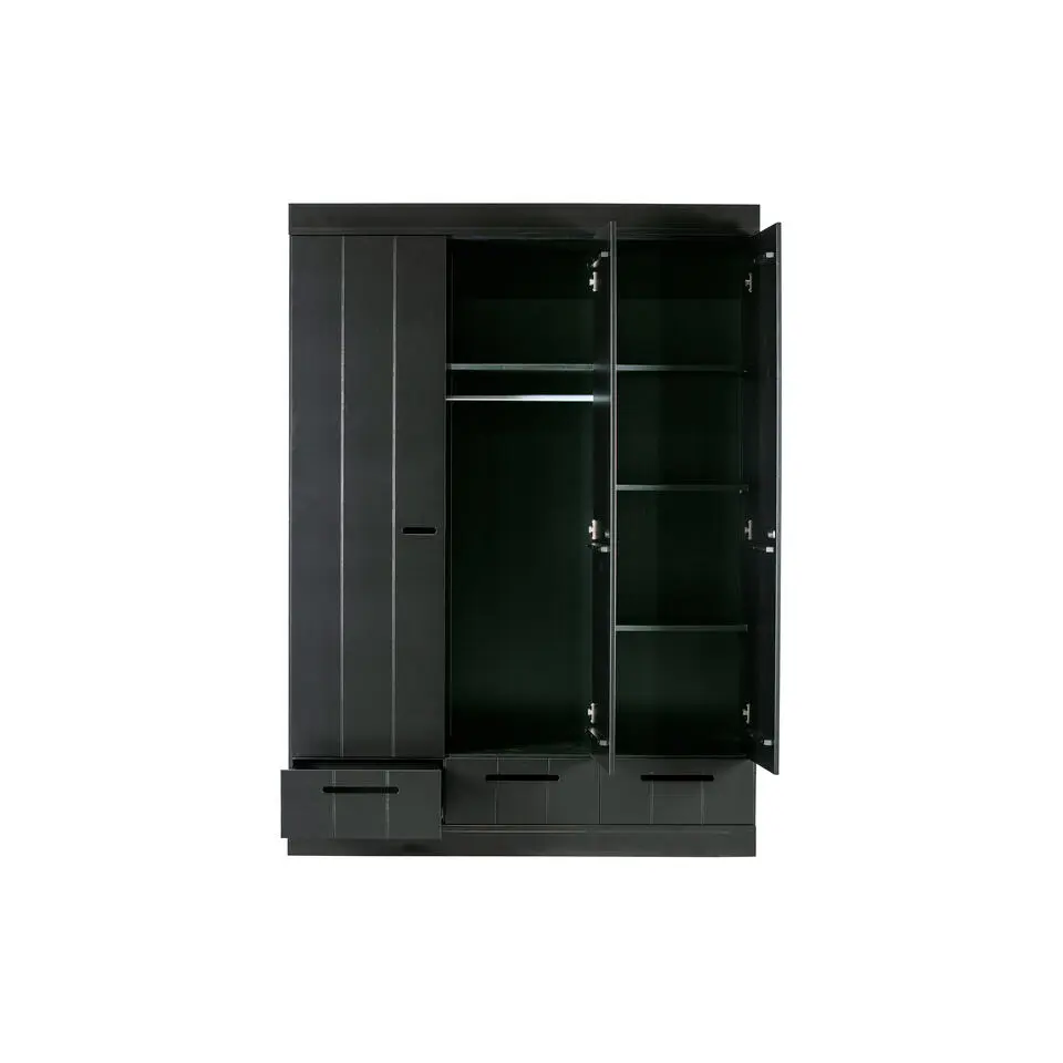 WOOOD Connect Kledingkast 3-Deurs met Lade - Grenen -Zwart- 195x140x53