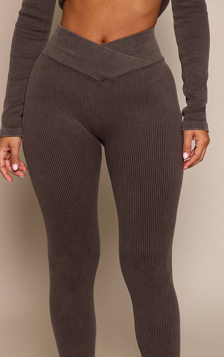 Chocolat Legging Côtelé Petite Taille À Taille Asymétrique Effet Sculptant