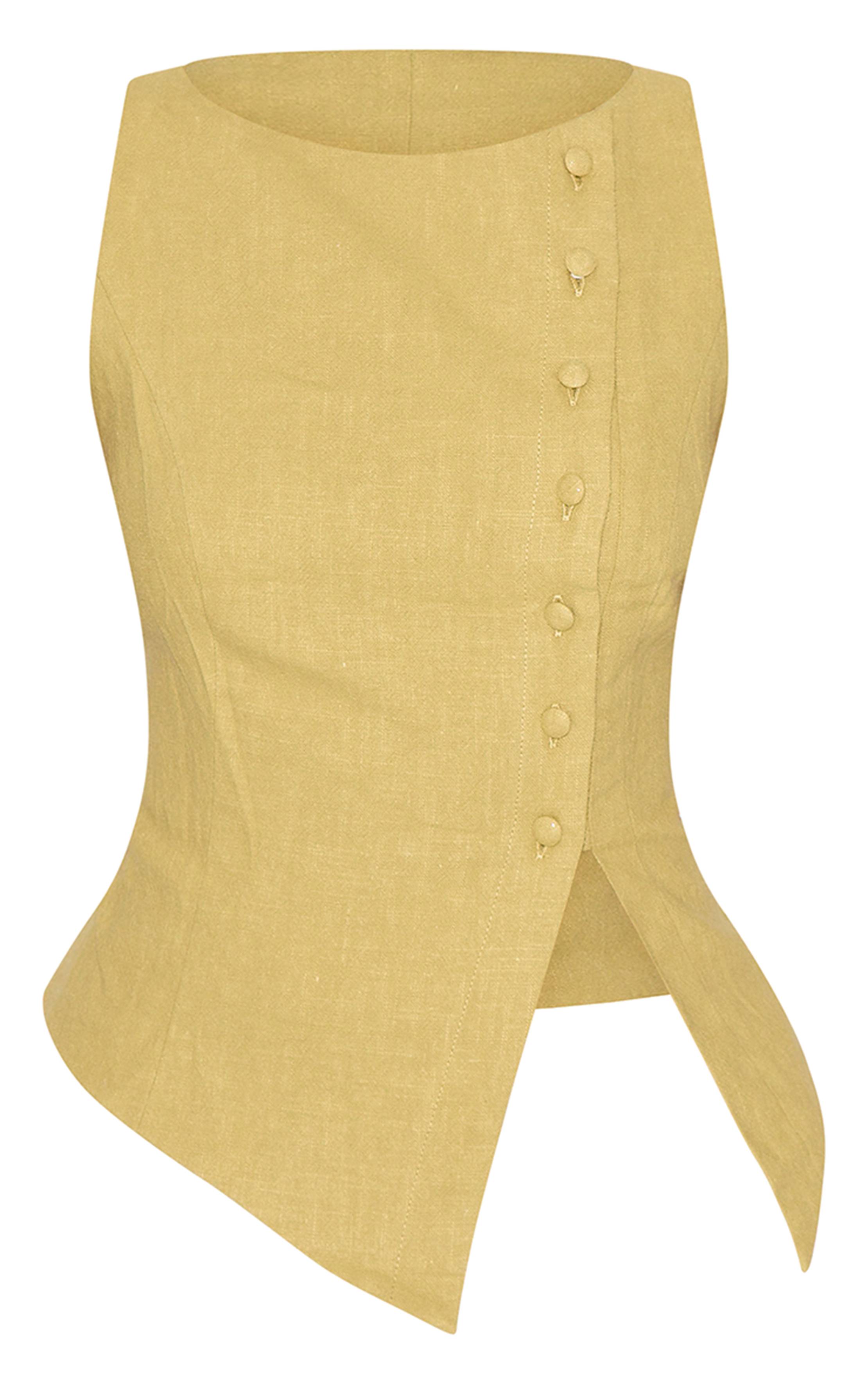 Vert Olive Gilet Asymétrique Boutonné En Mélange De Lin Premium