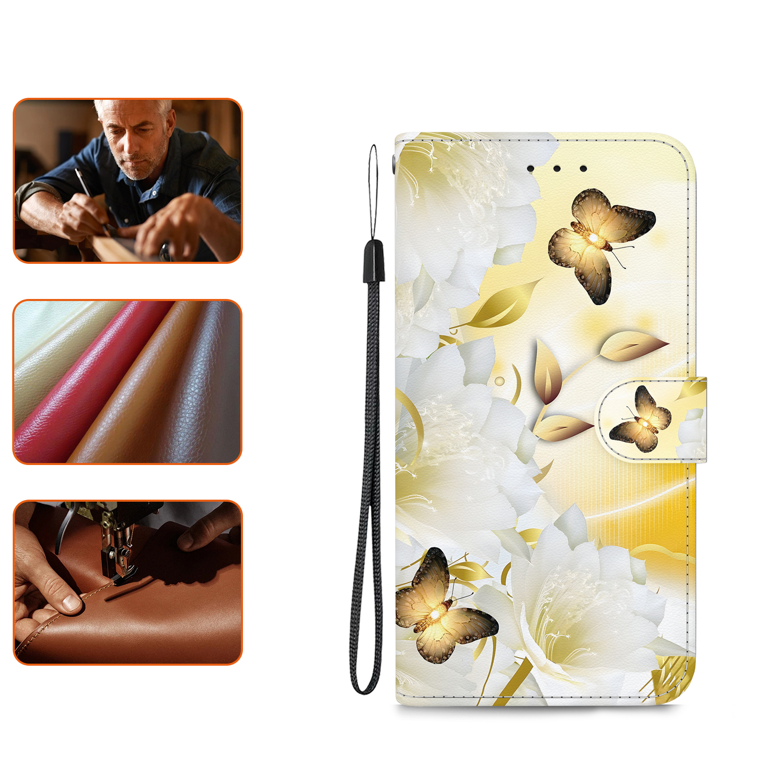 Samsung Galaxy S24 FE Leder Tasche mit Kartenfach   Handschlaufe - Goldene Schmetterlingsblumen