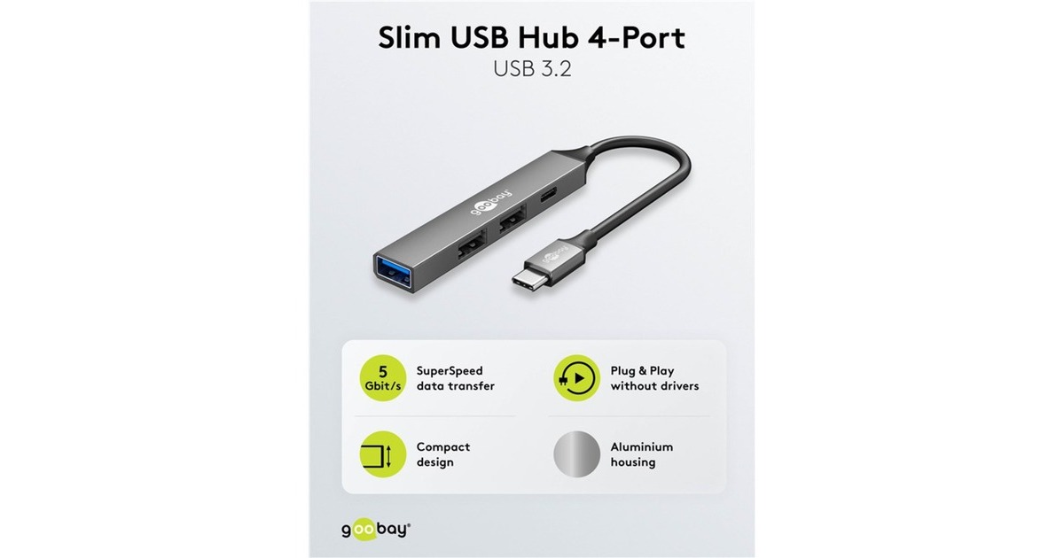 goobaySlanke USB-hub met 4 poorten, USB-C naar USB-C/USB-A, 5 Gbit/s  (Lichtgrijs)