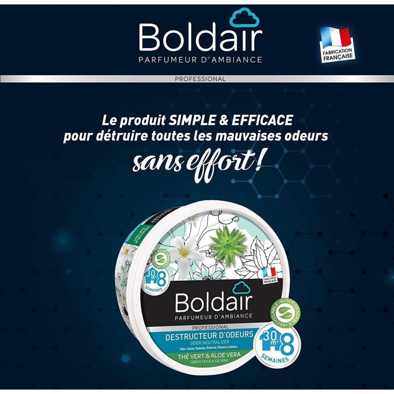 Désodorisant gel Boldair destructeur d'odeurs thé vert Aloe Vera- Boîte de 300 g
