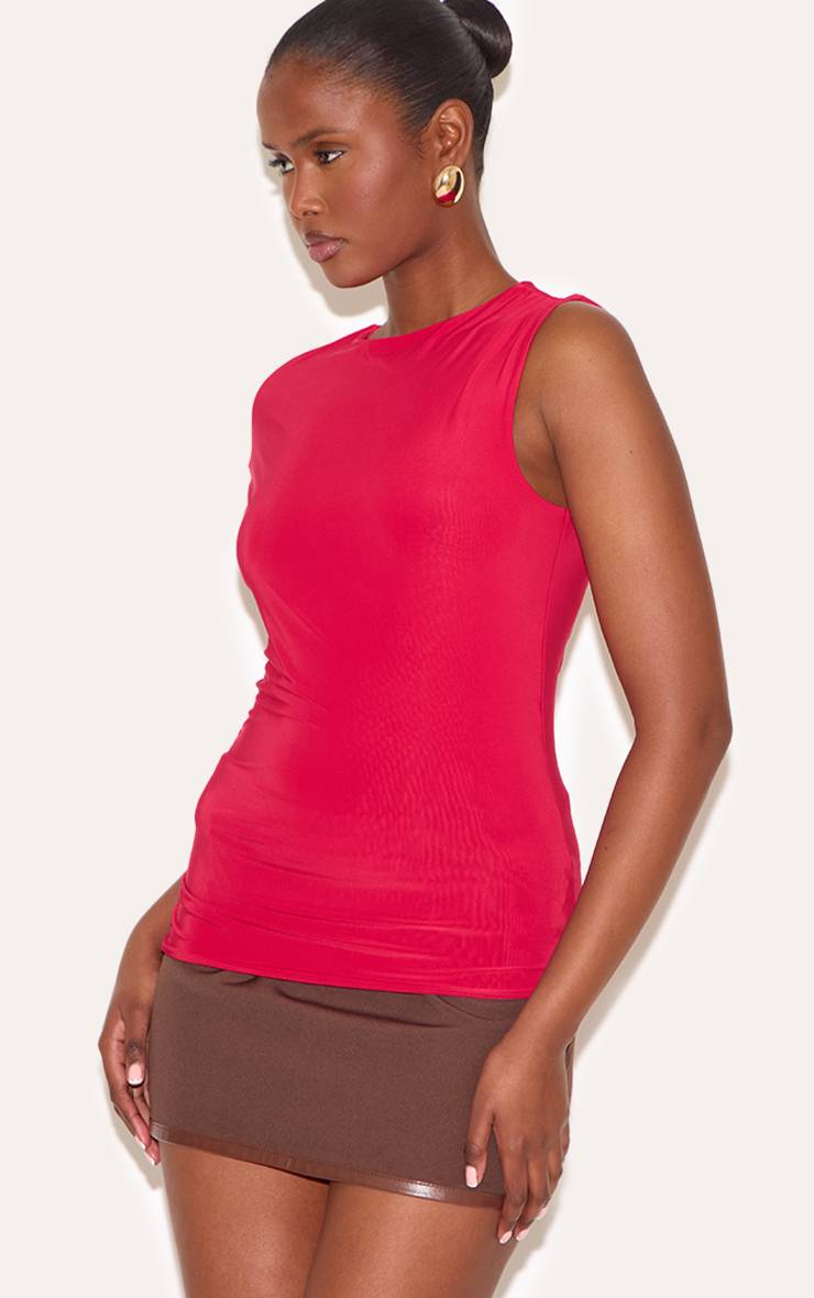 Rouge Haut Long À Détail Froncé En Tissu Slinky Double Épaisseur