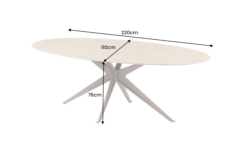 Ovaler Esstisch SCULPTURE 220cm natur Travertin Keramik champagner greige Metall