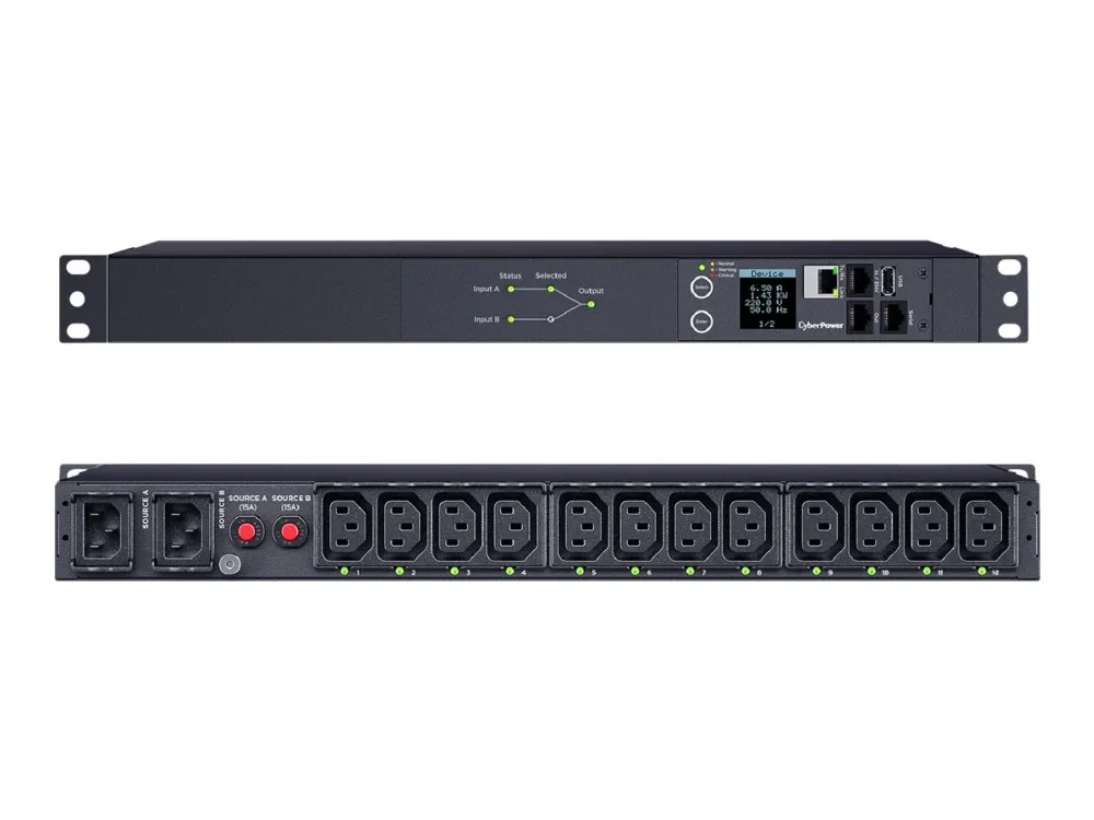 CyberPower Switched ATS PDU44004 - Strømfordelingsenhed (rackversion) - AC 200-240 V - 1-faset - serial, Ethernet - input: 2 x IEC 60320 C14 - output-stikforbindelser: 12 (12 x IEC 60320 C13) - 1U - 3.05 m ledning - sort