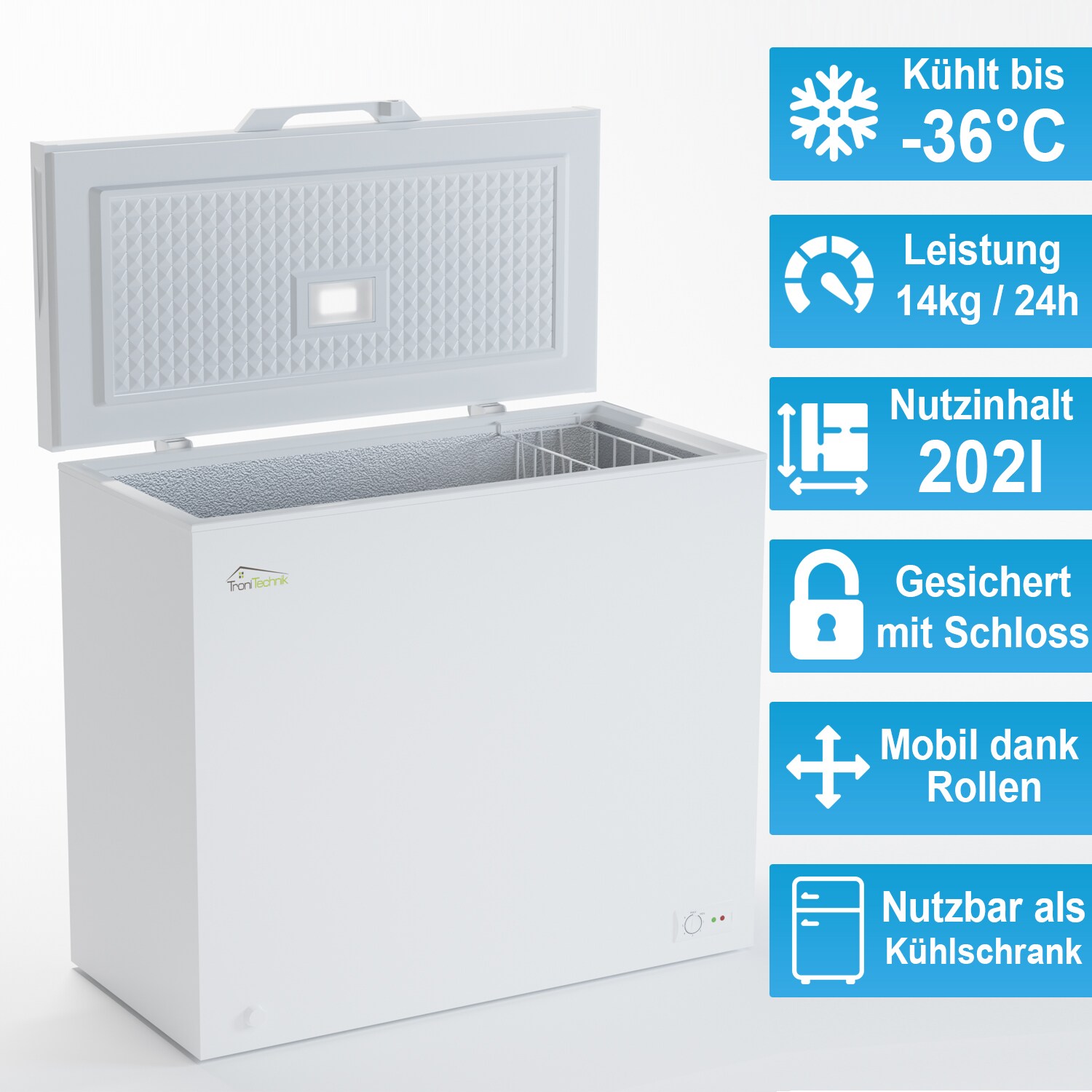 TroniTechnik® Gefriertruhe Kühltruhe BORGAR PRO mit 2in1 Gefrier- und Kühlfunktion | 210 Liter, 223kwh/Jahr | LED-Licht