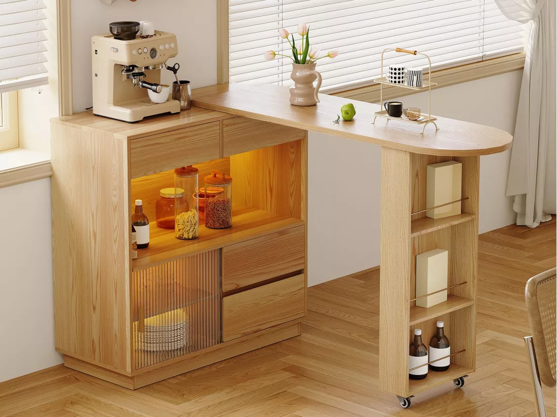 Bureau d'angle avec armoire de rangements - Plateau de table rotatif et rétractable- avec LED - Naturel