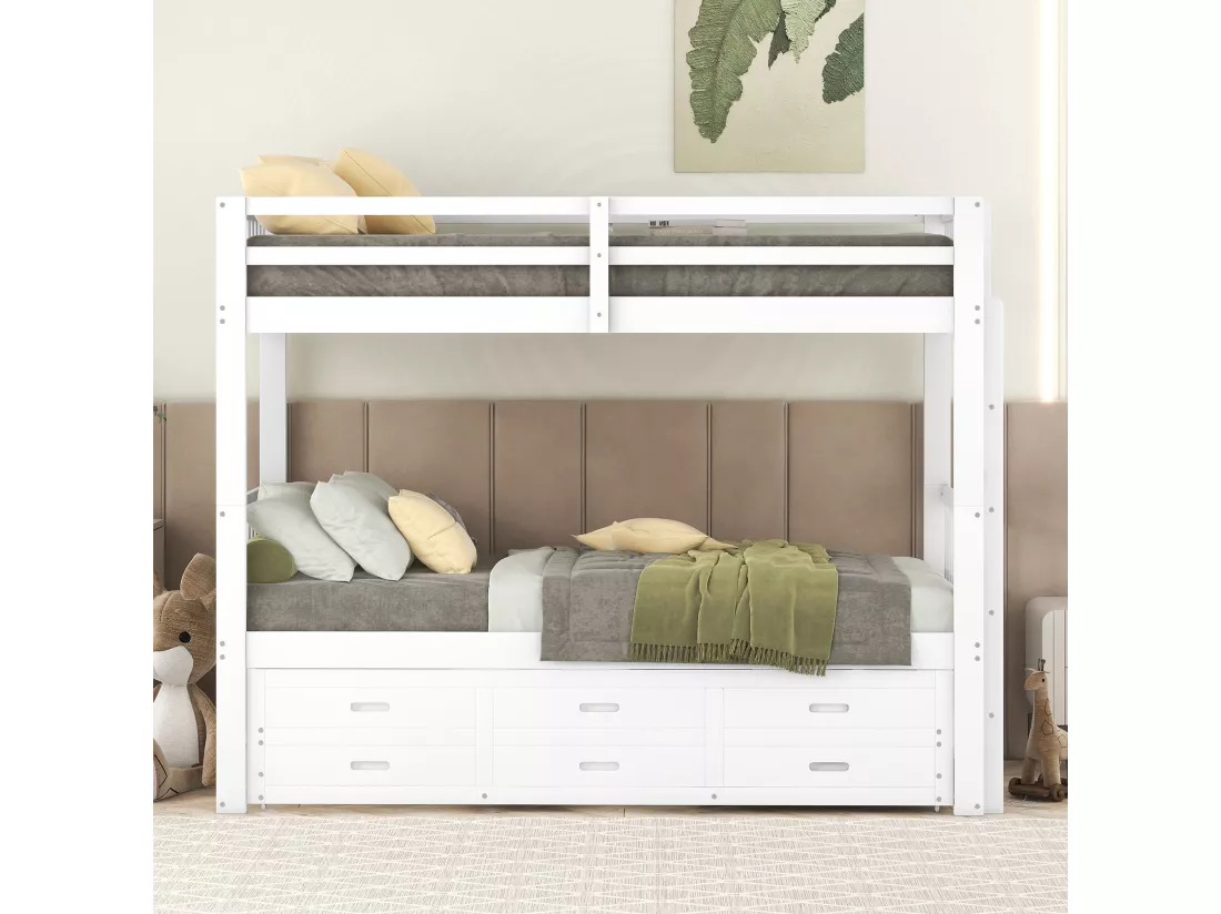 Lit superposé 90x200cm - avec lit gigogne et 3 tiroirs - en bois de pin massif et MDF - Blanc