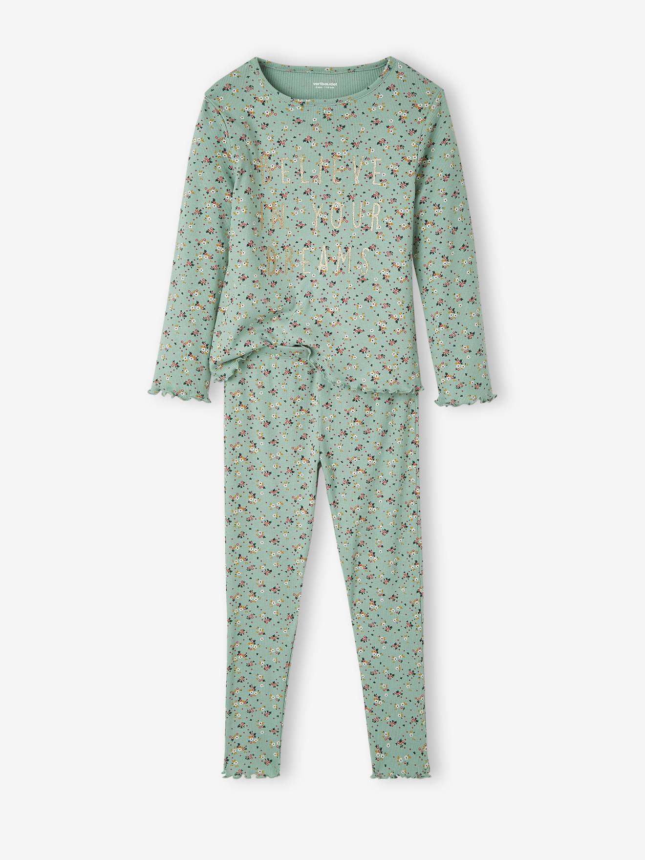 Pijama floral canelado rosa para meninas