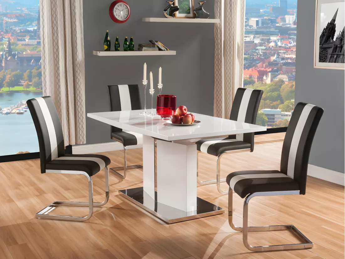 Table à manger extensible TRINITY de Pascal MORABITO - 6 à 8 personnes - Acier inoxydable et MDF laqué blanc