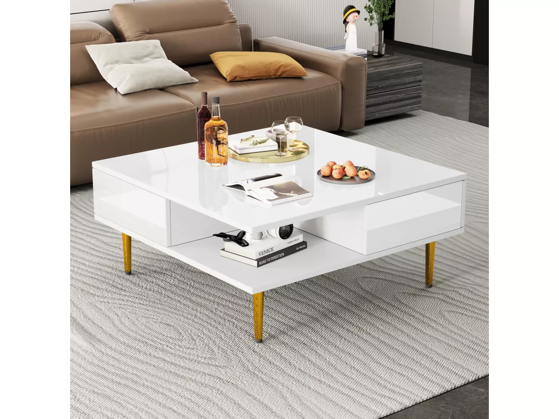 Table basse carrée avec 2 tiroirs et 2 compartiments ouverts - 70 x 70 x 36 cm - Pieds dorés - Blanc brillant