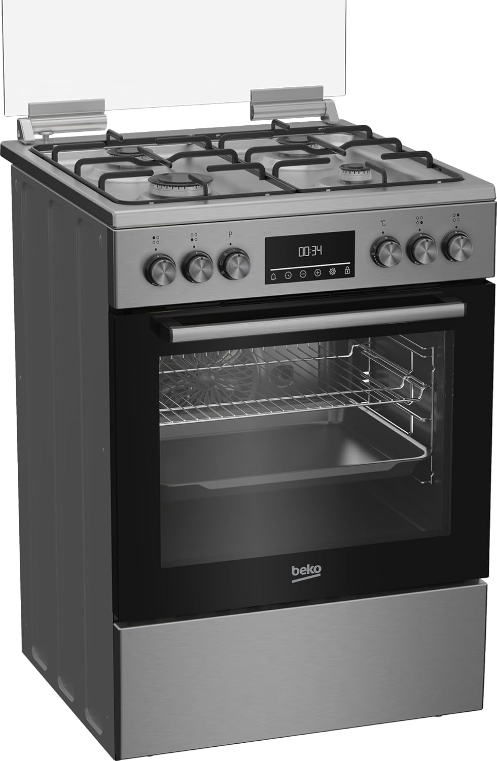 Beko FBM62320XDSL Freistehender Herd, Multifunktionsofen mit Gaskochfeld, 72 l Garraum-Volumen, 4 Kochzonen, 8 Heizarten, Seitengitter, Multifunktionsdisplay, Edelstahl