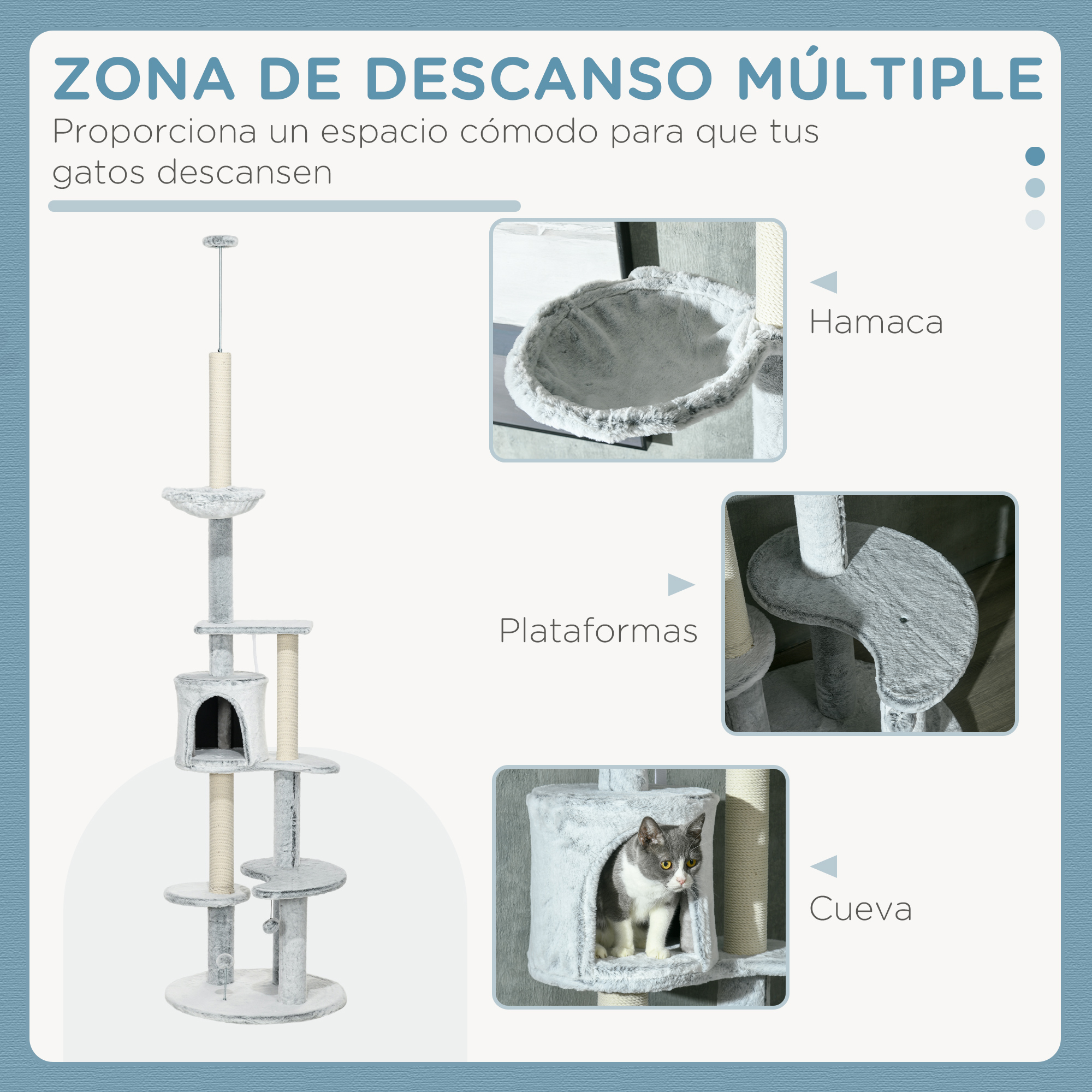 Árvore para gatos PawHut do chão ao teto, torre ajustável em altura de 225 a 255 cm com caverna, plataformas, rede, postes para arranhar e bolas penduradas, Ø60x225-255 cm, cinza