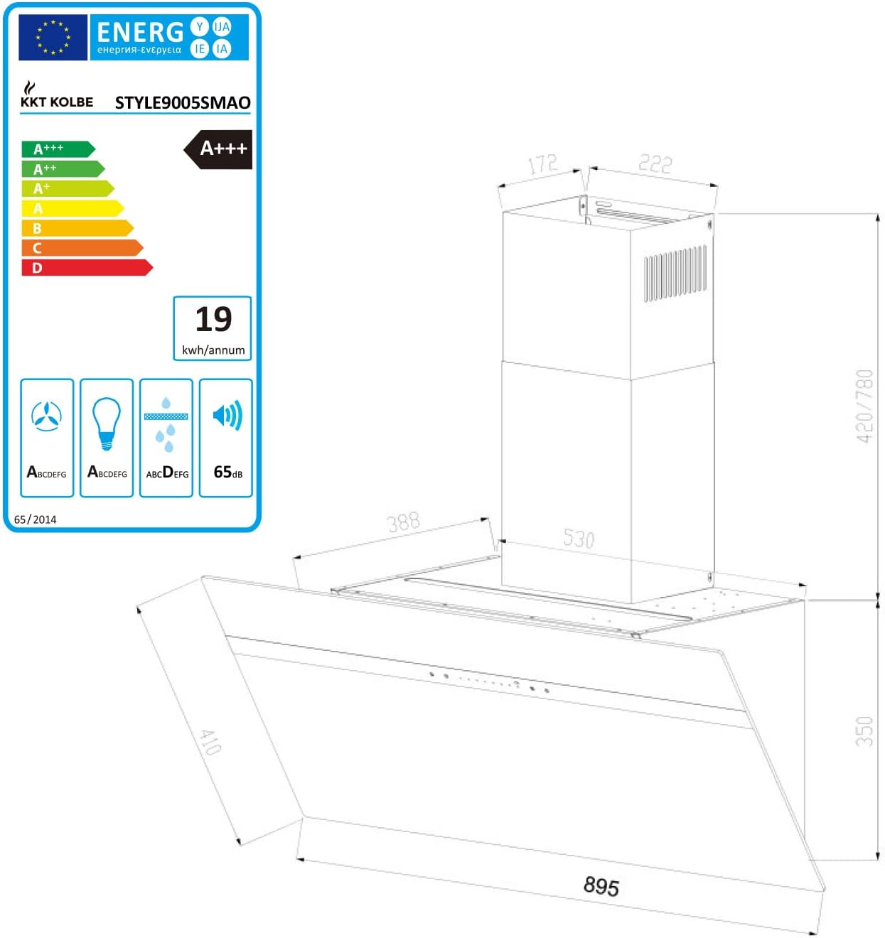 KKT KOLBE A+++ Dunstabzugshaube 90 cm 782 cbm/h Kopffreie Wandhaube Edelstahl schwarzes Glas WLAN RGBW-LED-Beleuchtung SensorTouch Bedienung STYLE9005SMAO
