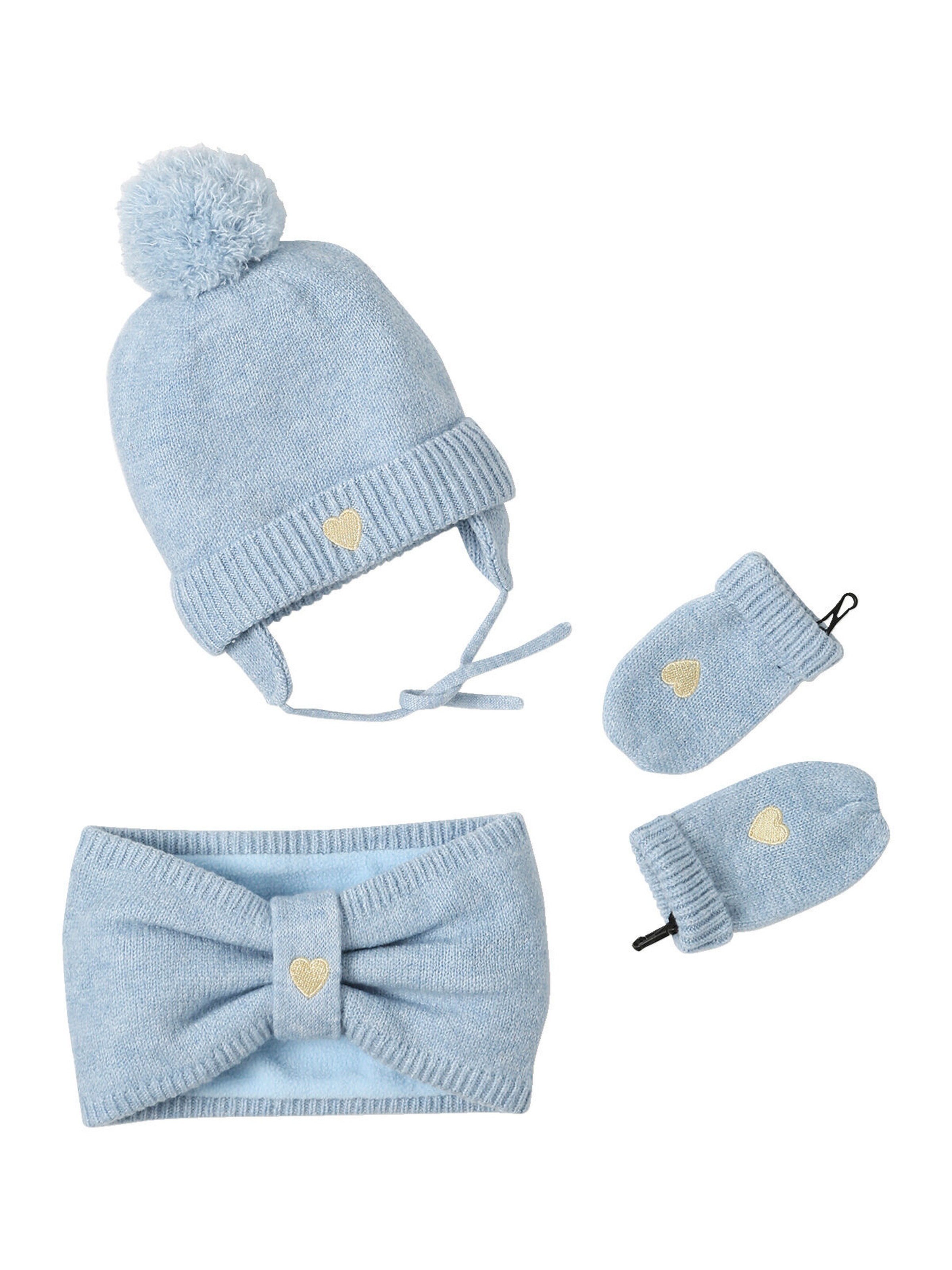 Vertbaudet Mädchen Baby-Set: Mütze, Rundschal & Fäustlinge, Herz eisblau