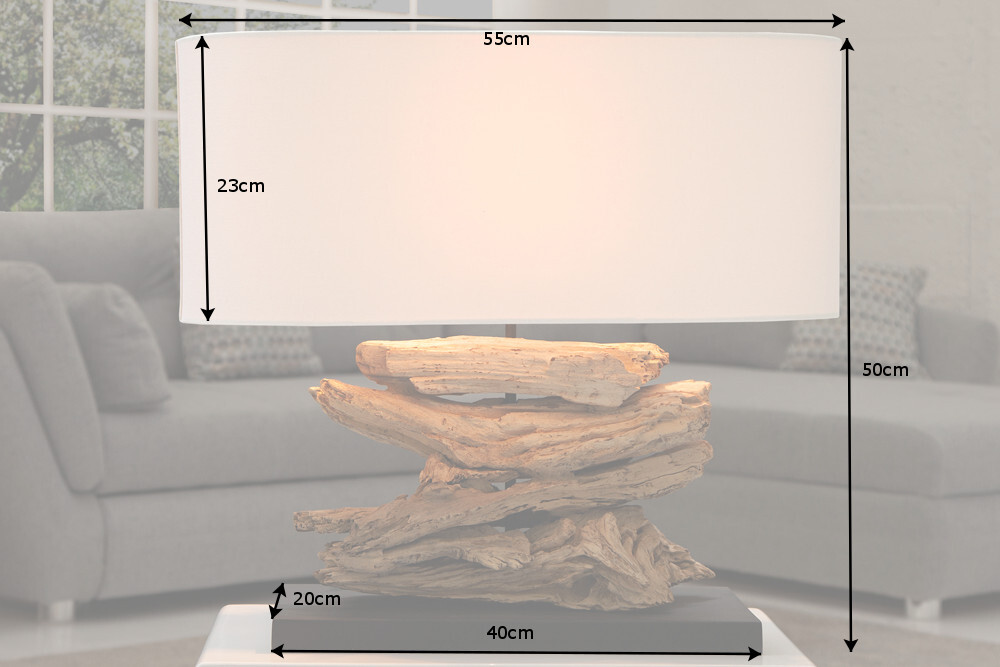 Handgearbeitete Treibholz Lampe RIVERINE 55cm creme Leinenschirm Tischleuchte