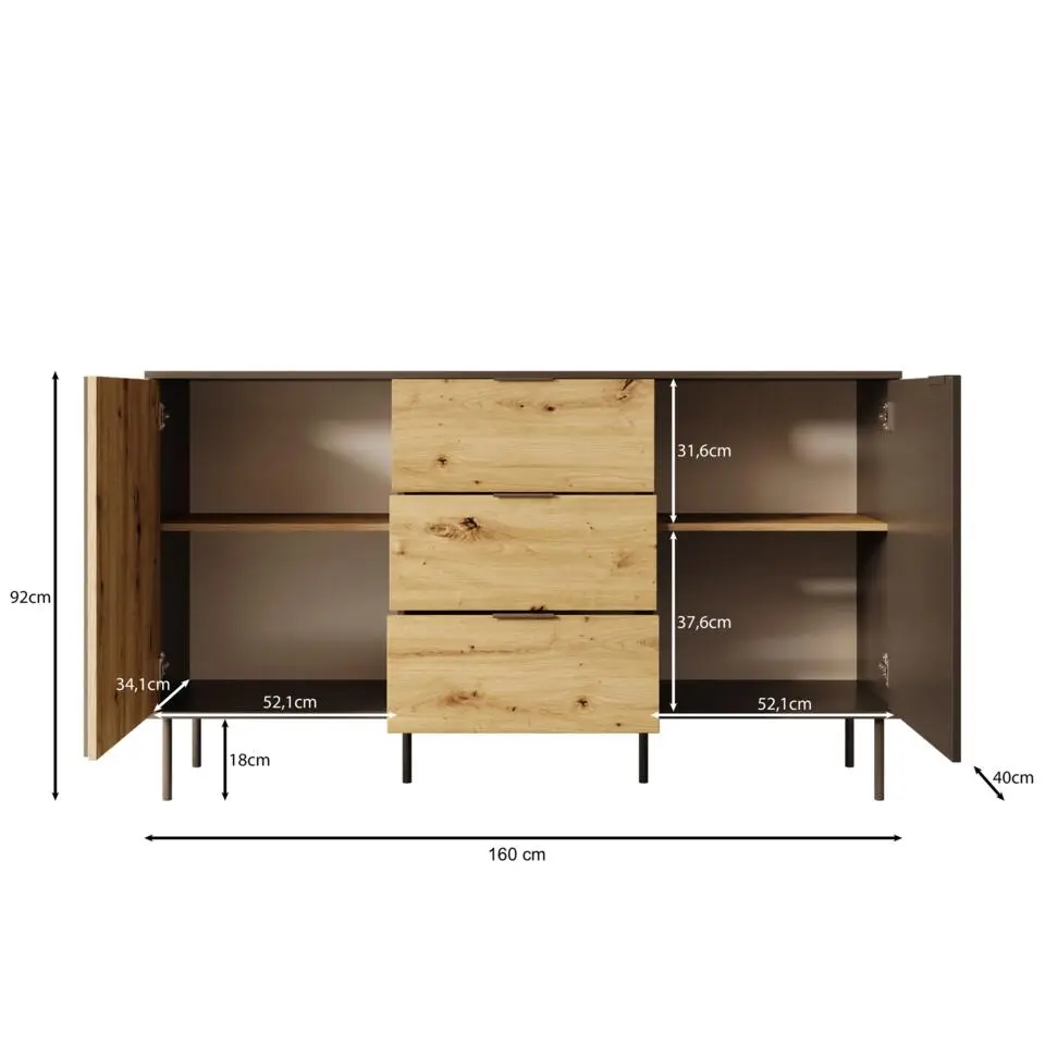 Meubella - Rogan - Dressoir - Zwart - 160x40x92 cm