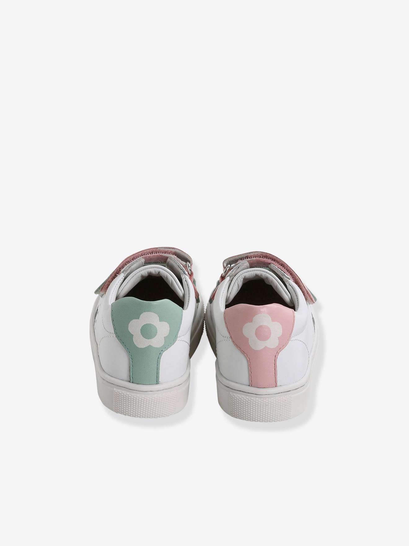 Tênis de couro branco com fecho de velcro para meninas