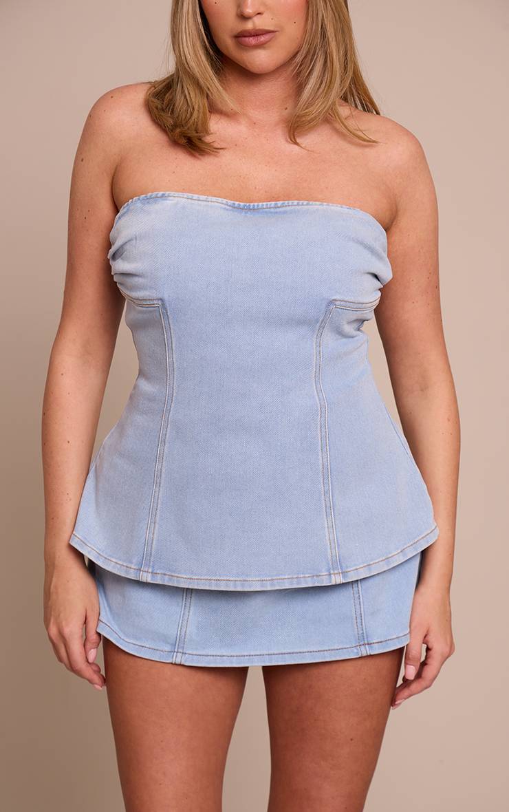 Bleu Clair Jupe-short En Denim Stretch Sculptant Effet Évasé
